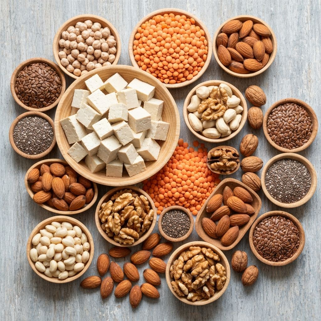 Plant-based protein sources including legumes, tofu, nuts and seeds