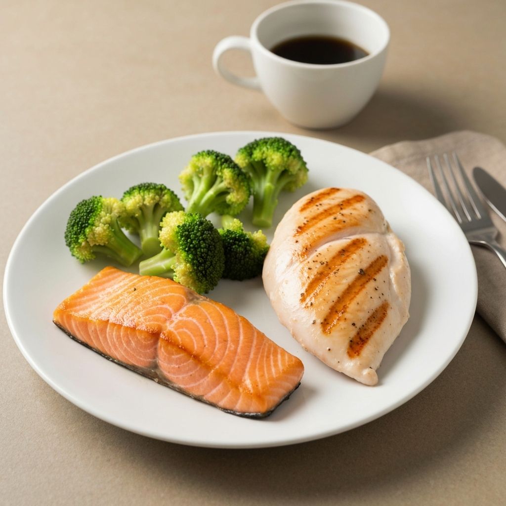 Lean meat and fish protein sources on a plate